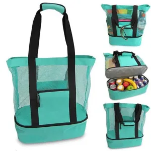 Transportez vos boissons fraîches et vos affaires de plage avec style ! Grand sac isotherme en maille avec compartiment glacière, idéal pique-nique et vacances.
