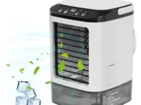 Climatiseur Portable à 3 vitesses avec réservoir de 900ml et veilleuse LED 7 couleurs. Refroidissement par atomisation ultrasonique idéal pour bureau, chambre, été. Économique et silencieux.