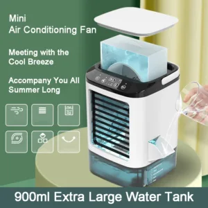 ardez votre espace frais avec ce climatiseur de bureau portable silencieux 3-en-1. Atomisation ultrasonique, 3 vitesses, veilleuse LED et grand réservoir de 900 ml. Compact, puissant et économe en énergie.