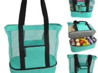 Transportez vos boissons fraîches et vos affaires de plage avec style ! Grand sac isotherme en maille avec compartiment glacière, idéal pique-nique et vacances.