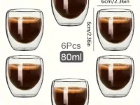 Ensemble de 6 tasses à expresso en verre double paroi 80 ml. Verres isolants, légers et résistants à la chaleur, pour café, thé ou latte. Élégance et confort au quotidien