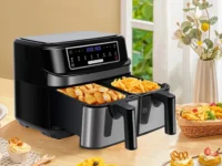 Friteuse à air chaud avec écran tactile LED, double chambre, 8 programmes automatiques, 2 bacs de 4,5 L