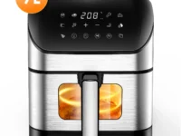 Friteuse à air Visible 9L avec grande fenêtre, 10 programmes automatiques, écran tactile et sécurité arrêt automatique. Cuisine saine, rapide et familiale.