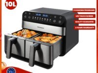 Friteuse à air Sinaopus 2400W double panier 10L : cuisson rapide et saine sans huile, écran tactile LED, 8 programmes automatiques, idéale pour familles nombreuses.