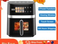 Friteuse à air Patbrela 5,5 L ou 8 L sans huile. Air Fryer 8-en-1 avec écran LED tactile, fenêtre visible, cuisson rapide et saine jusqu’à 200°C. Idéale famille.