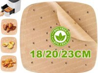 Doublures jetables pour friteuse à air en papier parchemin perforé antiadhésif. Résistantes à 230 °C, écologiques, propres et pratiques pour Air Fryer, four et micro-ondes.