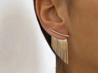 Boucles d’oreilles longues à pampilles scintillantes couleur or pour femmes. Bijoux élégants et légers, parfaits pour mariage, soirées et cadeaux.