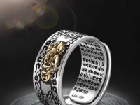 Bague Feng Shui Pixiu en cuivre plaqué argent, ajustable et unisexe. Bijou porte-bonheur symbolique, inspiré de la tradition chinoise, idéal en cadeau.