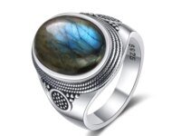 Grande bague vintage en argent Sterling 925 avec pierre naturelle 10x14 mm (labradorite, pierre de lune, onyx…). Bijou bohème unisexe élégant et symbolique.