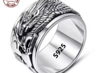 Bague Dragon en argent Sterling 925 véritable, 12 mm, double couche rotative avec pierre obsidienne. Bijou porte-bonheur unisexe, puissant et élégant.