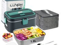 Boîte à déjeuner électrique 1.8L 80W compatible 110V/220V et 12V/24V voiture camion. Chauffe en 25–35 min. Anti-fuite, inox, idéale bureau & camping.