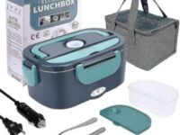 Boîte à lunch électrique portable 1.5L 60W compatible 12V/24V et 110V/220V. Chauffe en 30 min. Compacte, inox, idéale camionneurs et bureau.