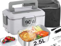 Boîte à lunch chauffante 2,5L 90W inox 304 compatible 12V/24V/220V. Chauffage PTC rapide, double compartiment, idéale bureau et camion.