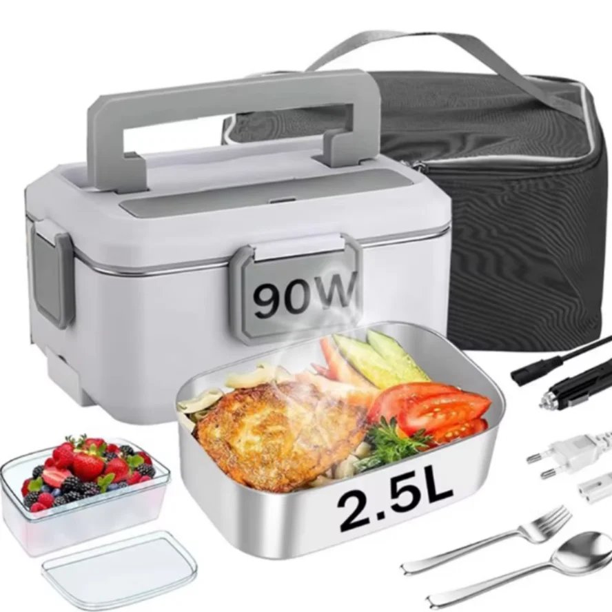 Boîte à Lunch Électrique 2,5L 90W – Chauffe-Plats 12V/24V/220V Inox 304 Port. rapide 1 Boîte à lunch chauffante 2,5L 90W inox 304 compatible 12V/24V/220V. Chauffage PTC rapide, double compartiment, idéale bureau et camion.