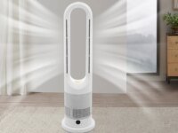 Ventilateur sans pales 220V avec chauffage 1200W, 8 vitesses, minuterie 9h, télécommande et affichage LED. Silencieux, sécurisé et idéal pour toutes les pièces.