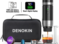 Machine à café expresso portable DENOKIN 3 en 1 : 20bar, batterie amovible, chauffe-eau intégré, écran numérique. Parfaite pour voiture, maison et camping.