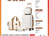 Ensemble de valises KONO 4 pièces : cabine 55 cm, sac week‑end extensible, trousse beauté et trousse toilette. ABS léger, roues 360°, serrure TSA. Voyage premium.