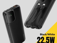 Batterie Externe 20 000 mAh avec câbles USB‑C & Lightning intégrés, charge rapide PD 22,5 W, écran LED et compatibilité iPhone, Xiaomi, Samsung.