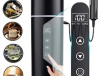 Bouilloire électrique 12V/24V portable 500 ml avec écran OLED. Chauffe de 30 à 100°C, acier inoxydable, idéale voiture, camion et déplacements nomades.
