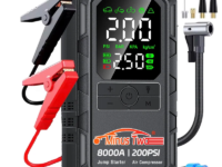 Démarreur 4‑en‑1 8000A avec compresseur 200 PSI, booster batterie 30 000 mAh, gonfleur de pneus et powerbank. Idéal urgences auto, pneus et recharge mobile.