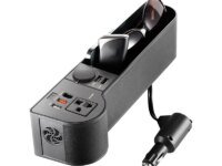 Organisateur SEAMETAL avec convertisseur 12V/24V→220V, 4 ports USB + QC3.0, prise 220V, LED tension. Rangement siège voiture, charge rapide, 160W.