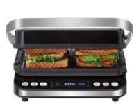 Gril Électrique BioloMix 2000W : ouverture 180°, 6 programmes automatiques, plaques réversibles, cuisson saine, nettoyage facile. Paninis, grillades, gaufres et plus.