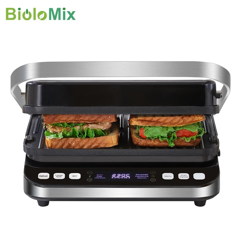 đ©BioloMix Gril Ă©lectrique 2000W â Ouverture 180°, Panini, Grillades & Plaques Gaufres | Cuisson saine & rapide 1 Gril Ălectrique BioloMix 2000W : ouverture 180°, 6 programmes automatiques, plaques rĂ©versibles, cuisson saine, nettoyage facile. Paninis, grillades, gaufres et plus.