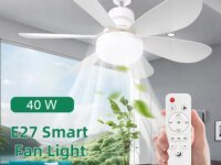 Ventilateur de plafond LED E27 avec télécommande : 3 vitesses, lumière réglable, modèles 24W/40W, silencieux et moderne. Idéal chambre, salon, cuisine.
