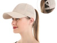 Casquette d’été femme à queue de cheval croisée, maille respirante, séchage rapide et protection UV. Idéale plage, sport, randonnée et plein air.