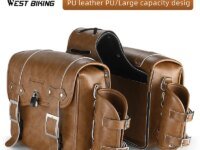 Sacoches bilatérales moto WEST BIKING. Capacité totale 16L, cuir PU étanche, doublure Oxford, poche bouteille, montage universel, style rétro Bikers. Idéales pour voyages moto, nomadisme, rangement utilitaire. Catégorie Sacs Cargo Utilitaires.