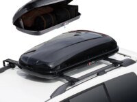Boîte de toit SucceBuy en ABS rigide avec double ouverture, double verrouillage et conception aérodynamique. Idéale pour les voyages, vacances, camping et transport de bagages. Grande capacité jusqu'à 370 litres. Catégorie Accessoires Auto.