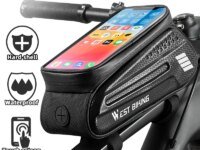 Sacoche vélo étanche WEST BIKING 1,5L avec support téléphone tactile jusqu'à 7 pouces. Installation rapide sur cadre, coque rigide EVA, écran tactile sensible et rangement pratique pour tous vos trajets à vélo.