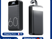 Batterie externe HGANUS 60000mAh avec charge rapide 22,5W, écran numérique et lampe LED intégrée. Compatible iPhone, Samsung, Xiaomi, iPad et USB C. Grande autonomie pour voyages, camping et audio nomade.