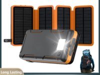 Batterie solaire portable 50000mAh avec 4 panneaux solaires, charge rapide 15W, USB A, USB C, lampe LED et compatibilité iPhone Android. Idéale pour le voyage, le camping, la randonnée et les situations d'urgence.
